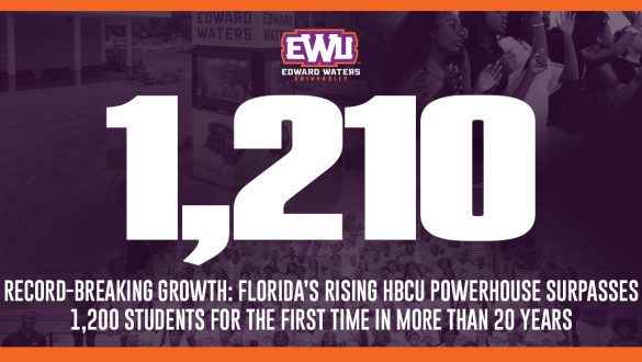 Infographic. Purple background with orange bars on top and bottom. Edward Waters University logo. The number 1,210 in large font. Record-breaking growth: Florida's rising HBCU powerhouse surpasses 1,200 students for the first time in more than 20 years