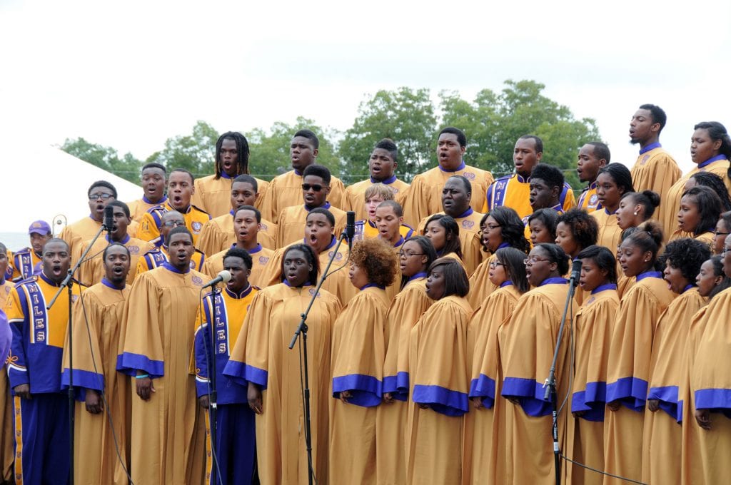 Large group shot of Miles College choir performing